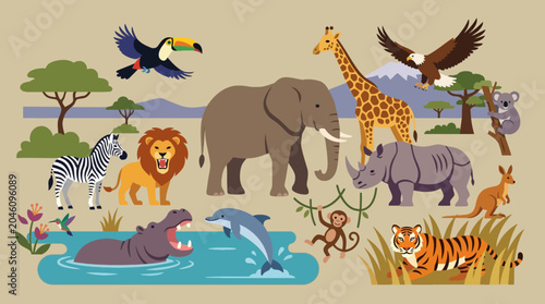 Photography Variety of colorful wild animals.