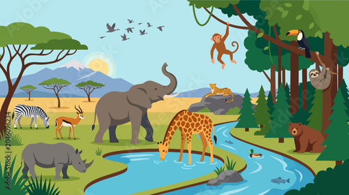 Canvas Print Various Animals in a Jungle Environment.