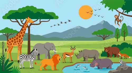 Foto Various Animals in a Savannah Environment.