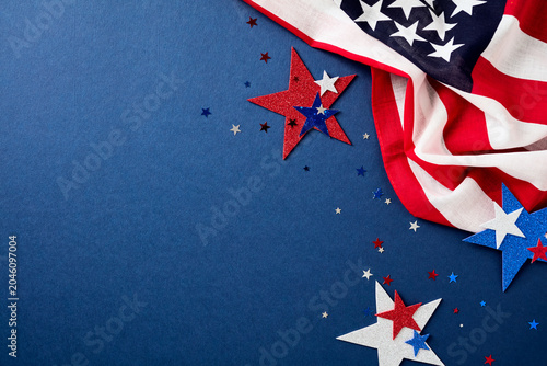 American flag and festive stars background for national holidays. Perfect for 4th of July, Memorial Day, or Labor Day designs with copy space.