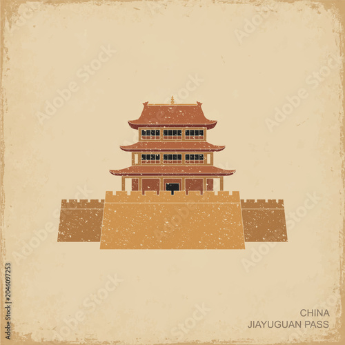 Flat vintage vector illustration of Jiayuguan Pass, the western gateway of the Great Wall in China. Historic Silk Road fortress landmark depicted in a retro travel poster style with textured backgroun