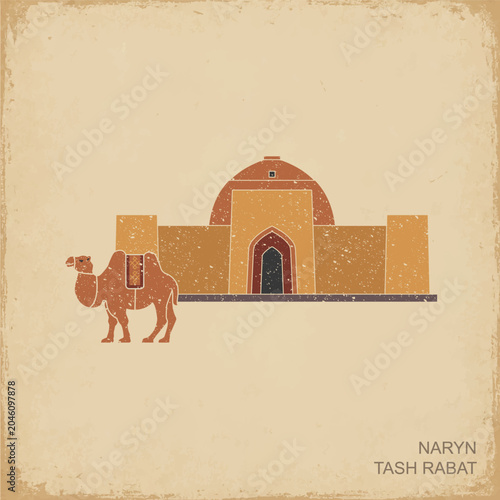 Flat vintage vector illustration of Tash Rabat, a historic caravanserai in Kyrgyzstan and an important Silk Road landmark. Traditional stone architecture with camel symbol depicted in a retro travel 