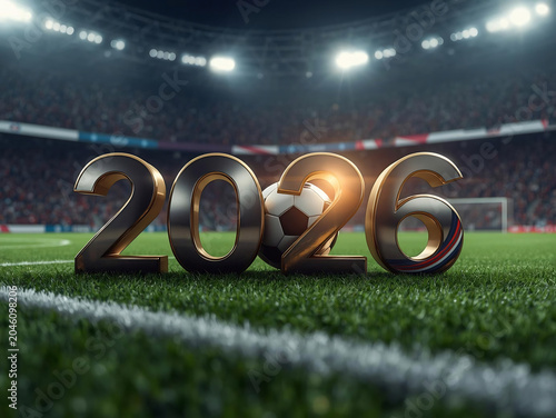 New Year 2026 celebration on illuminated football field with golden number display