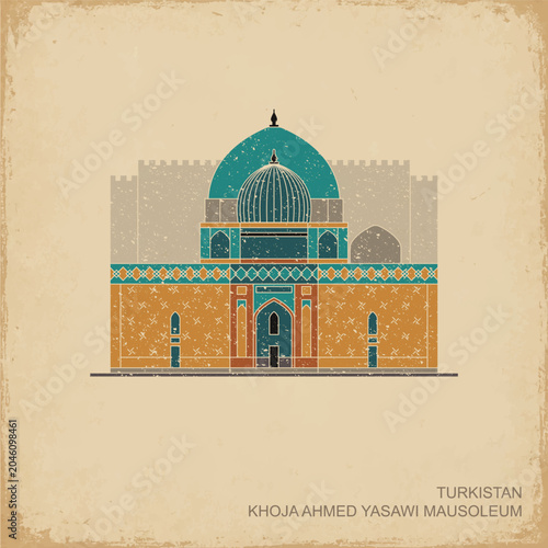 Flat vintage vector illustration of the Khoja Ahmed Yasawi Mausoleum in Turkistan, Kazakhstan. Iconic Timurid architectural landmark of the Silk Road featuring turquoise domes, geometric ornamentation