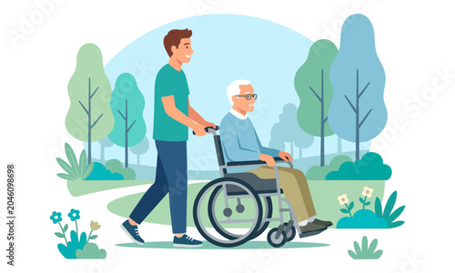 Male caregiver pushing senior in wheelchair at the park pathway