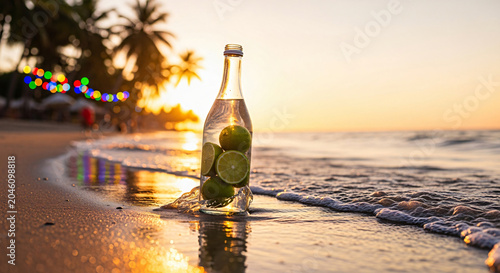 Glass Bottle with Fresh Lime Slices Resting on Wet Sandy Beach at Sunset