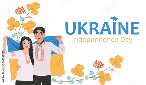 Anniversary banner Independence Day of Ukraine. Family dressed in vyshyvanka holding national flag - yellow and blue. Vector illustration
