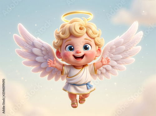 A joyful cherubic angel baby with blond curly hair, big blue eyes, white wings and golden halo flies happily through a sparkling blue sky