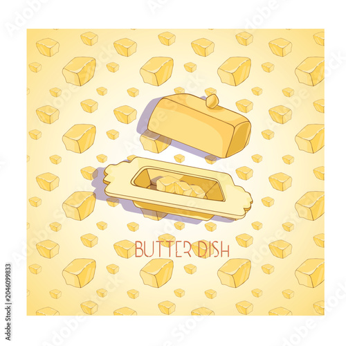 Vector illustration of a yellow butter dish. A classic kitchen butter container with a rustic style, perfect for dairy packaging, food branding, recipe graphics, kitchen decor, and projects.