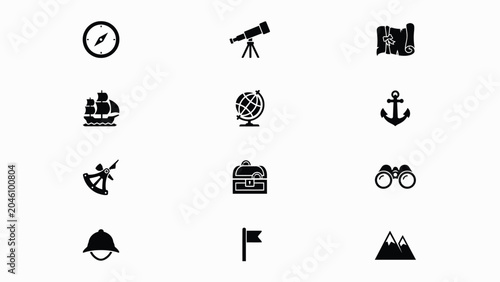Foto Nautical adventure icons compass telescope map ship globe anchor sextant chest binoculars bell flag mountains