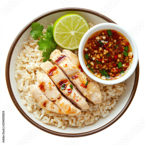 Grilled chicken breast served with brown rice and spicy dipping