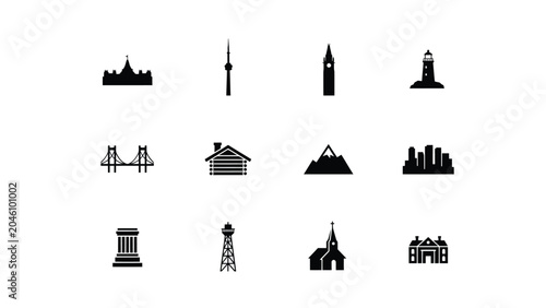 Photography Canadian landmarks icon set with parliament building tower bridge mountain and lighthouse