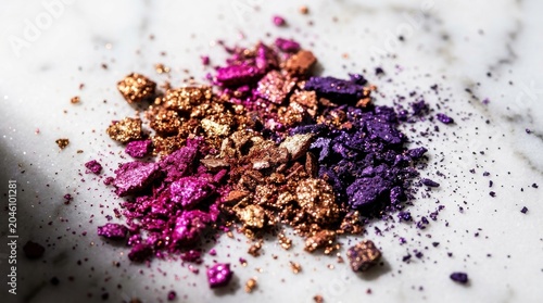 Vibrant crushed eyeshadow pigments in shimmering pink, purple, and gold tones, elegantly scattered on a pristine white marble surface