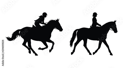 Obraz na płótnie Horse riders on horseback two views black and white silhouette equestrian rider