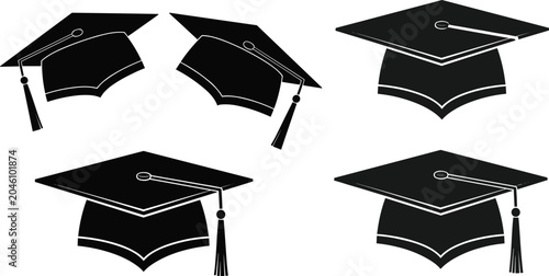 Foto Set of graduation cap black silhouettes with tassels from different angles isola
