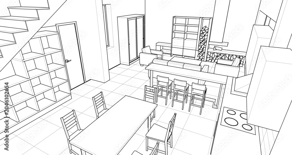 Fototapeta premium interior kitchen living room 3d illustration
