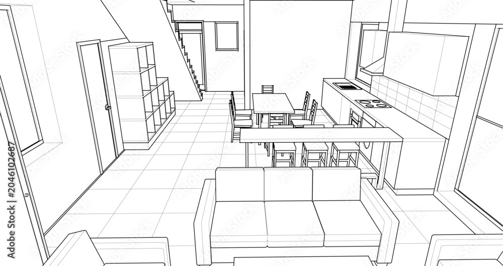 Fototapeta premium interior kitchen living room 3d illustration