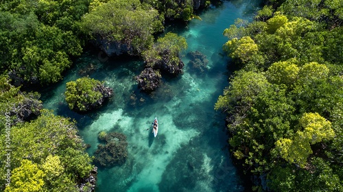 Aerial view of a person kayaking through a crystal clear turquoise river surrounded by a dense tropical jungle forest, perfect for adventure travel.
