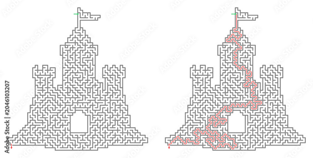 Fototapeta premium Maze for kids featuring castle design with solution illustrated 