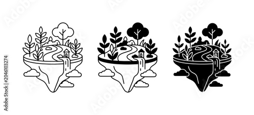 Foto Floating Island Landscape Icons, Fantasy Ecosystem, Nature Scene Vector Set