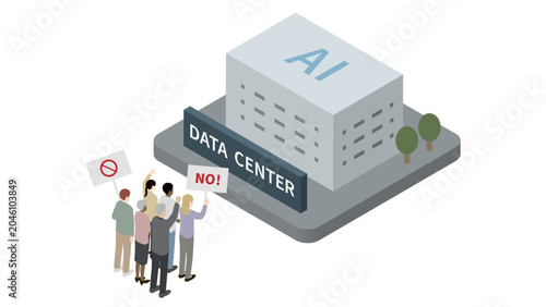 Community Opposition to Large AI Data Center Development, Residents Protesting Against Technology Infrastructure Project Isometric Illustration