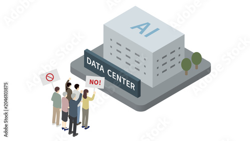 Large AI Data Center Facing Protest From Japanese Residents, Community Opposition Concept Isometric Illustration