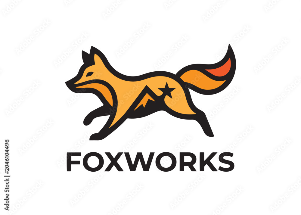 Obraz premium Foxworks Fox Logo Vector Running Fox Brand Orange Design Mascot