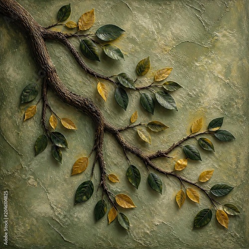 Textured artwork of a tree branch with green and yellow leaves extending diagonally across a rough earthy background