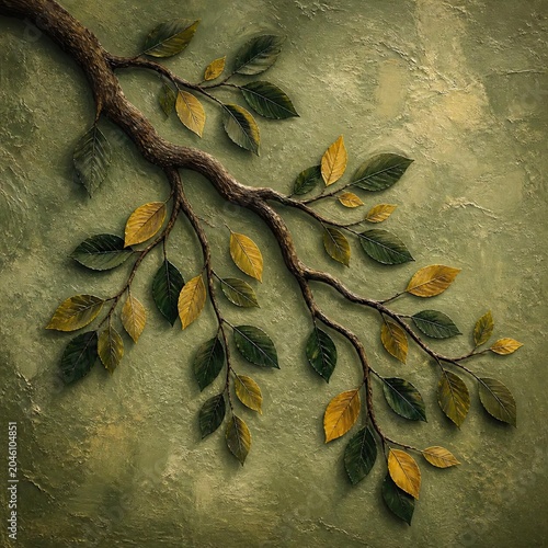 Textured painting of a tree branch with leaves shifting from green to golden yellow against an earthy background