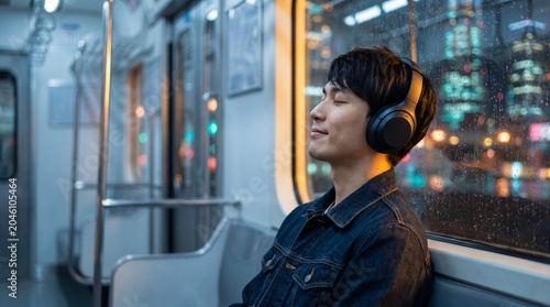 Fototapeta 雨の夜の電車でヘッドフォンをつけ幸せそうに音楽を聴く若い男性 | 幸福のメロディ