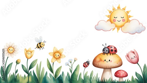 Happy sun shining on a whimsical spring garden filled with cheerful flowers and insects