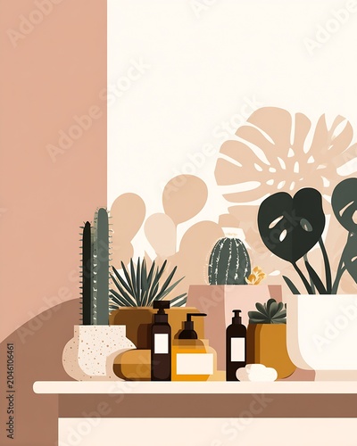 Minimal botanical still life with succulents, cacti and amber skincare bottles on a shelf in neutral pastel tones