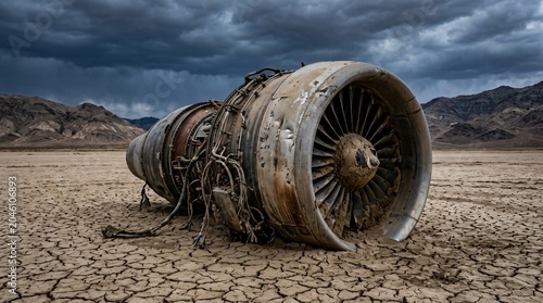 Abandoned Jet Engine Rests on Cracked Earth Under Stormy Skies.
