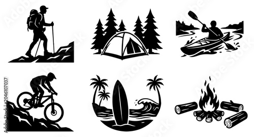 Canvas Print Set of outdoor adventure silhouettes featuring hiking camping tent kayaking moun