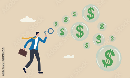 Stock marke speculation from greedy investor or overvalued company concept, greedy businessman investor blowing bubbles with dollar sign money into the air