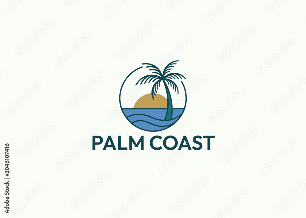 Naklejka premium Palm Coast Logo Vector Tropical Island Beach Brand Circle Badge Design