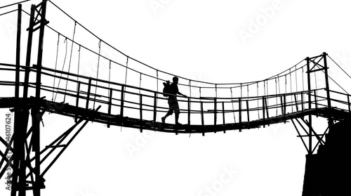 Person walking on suspension bridge.