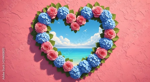 Heart shaped floral frame with ocean view
