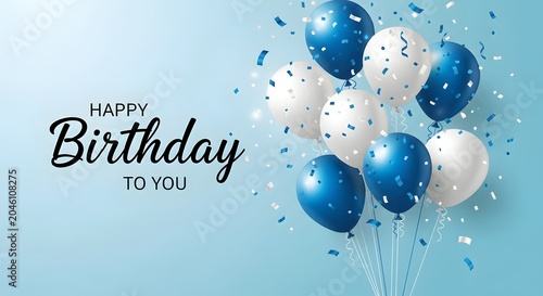 Happy birthday greeting card with blue and white balloons
