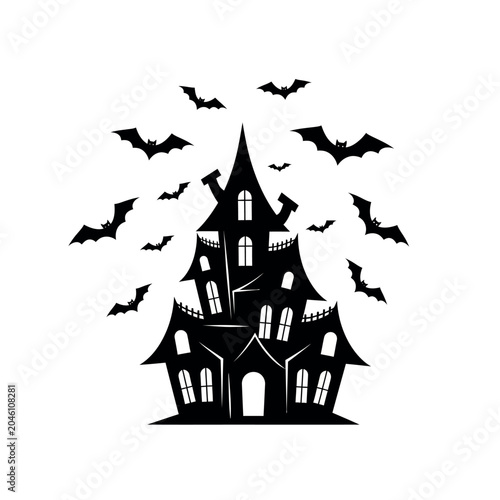 Schilderij op canvas Spooky Haunted House Silhouette with Bats Flying Around.