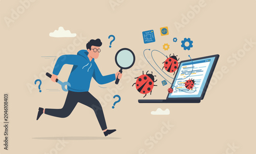 Cuadro en lienzo Programming software concept, young nerd programmer, coder or software tester ru