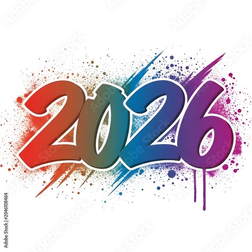 Vibrant 2026 graffiti number with colorful paint splatters