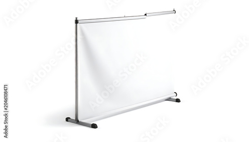 empty banner stand with white fabric, advertising display for trade shows, exhibition booth backdrop, promotional signage mockup