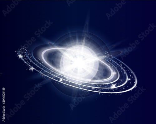 Radiant Galaxy Orbit with Glowing Cosmic Rings and Sparkling Light Vector Design