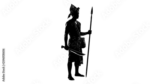 Warrior with spear and sword silhouette.
