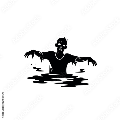 Fotografi Zombie emerging from murky water silhouette.
