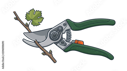 Foto Green handled pruning shears cutting branch.