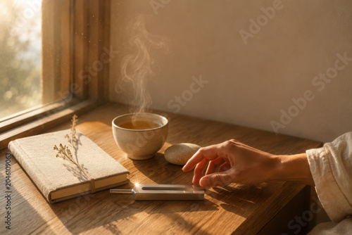 Serene moment of relaxation features steaming cup of tea beside tuning fork, enhancing therapy experience
