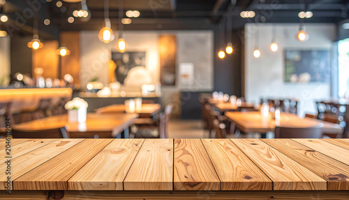 Empty coffee shop interior with wooden tables and chairs, warm lighting, and a blurred background, ideal for showcasing food or beverages