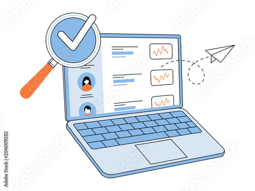 Laptop with user profiles and data charts with magnifying glass checkmark vector illustration. Recruitment, data analysis, screening, marketing, audit, communication. Computer showing dashboard